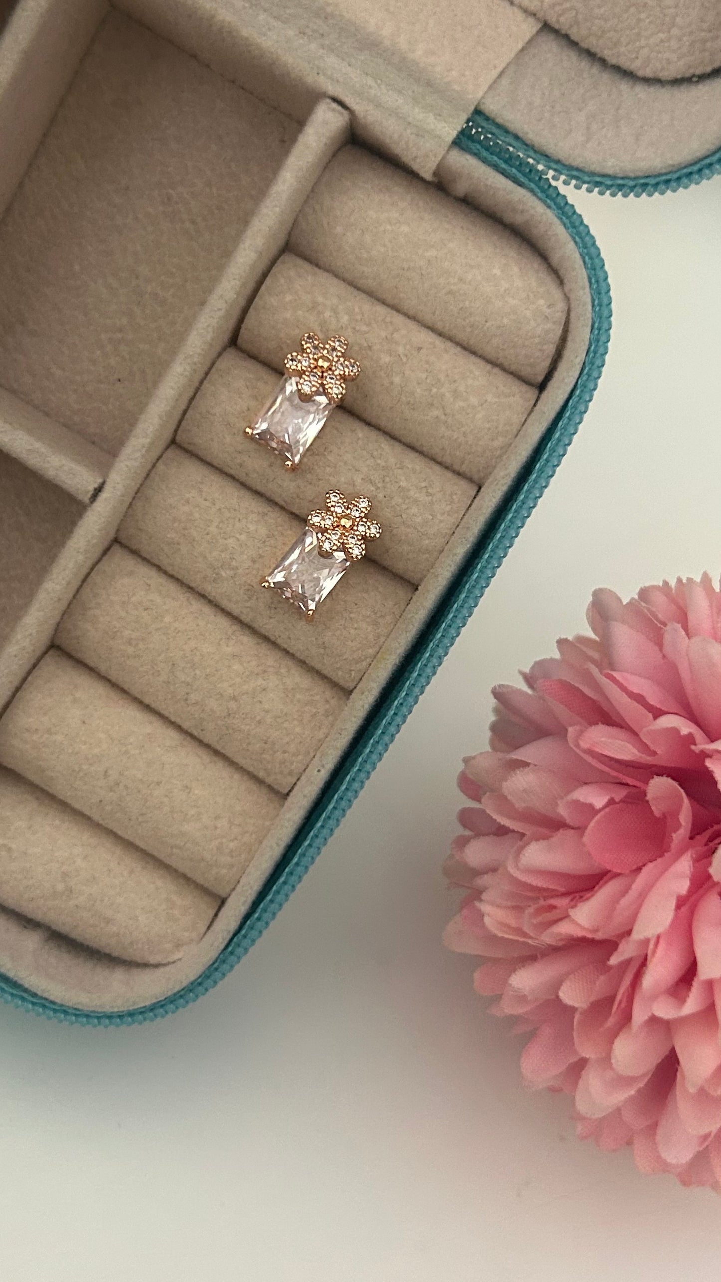 Royal Bloom Crystal Studs – Rectangular Sparkle with Floral Crown