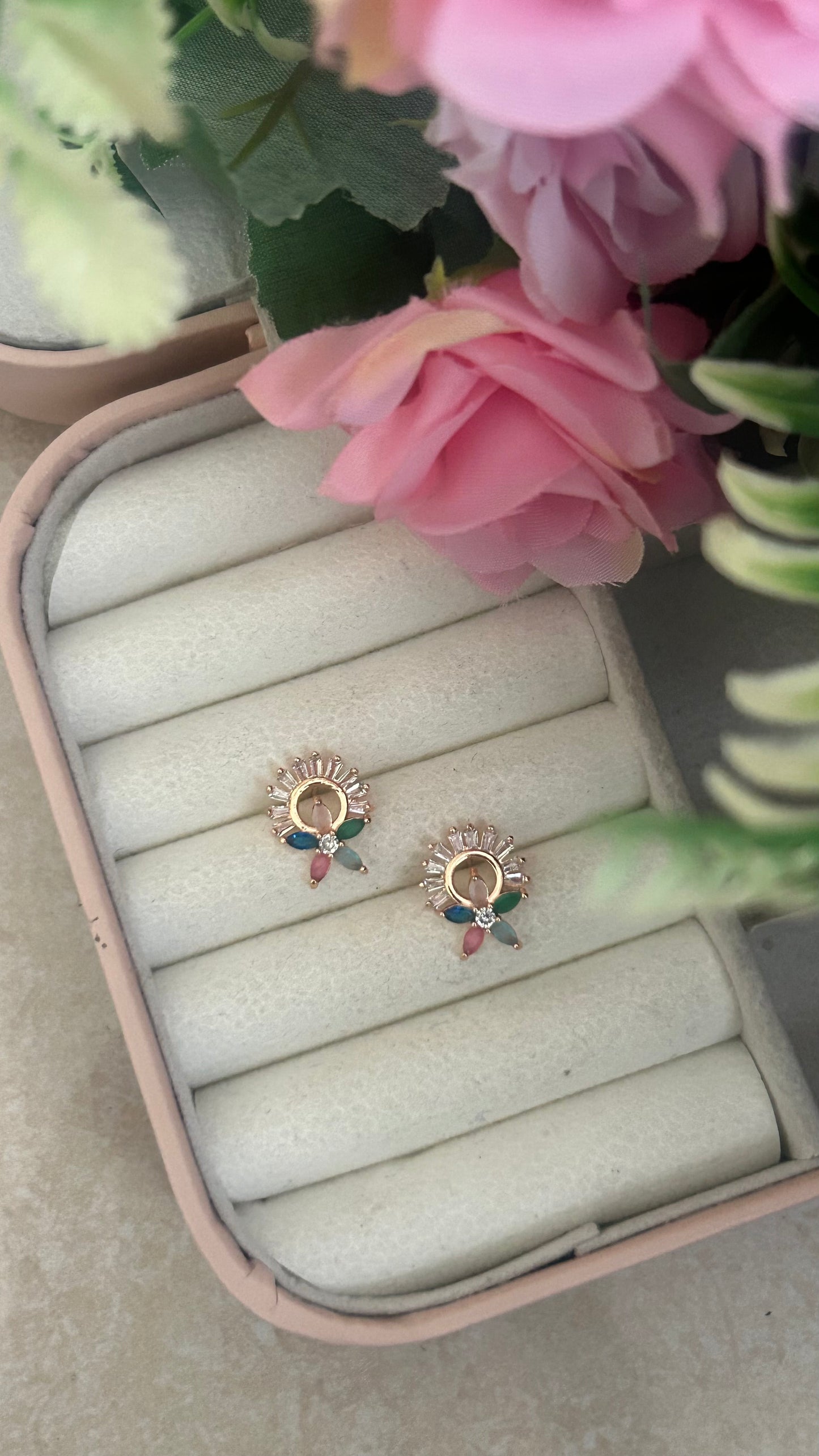 Elegant Multicolor Crystal Stud Earrings for Women – Floral Design, Gold Finish"