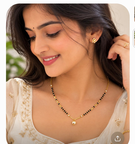 Minimal Black Beads Mangalsutra with Single Pearl Pendant in 16 to 18 inches middle