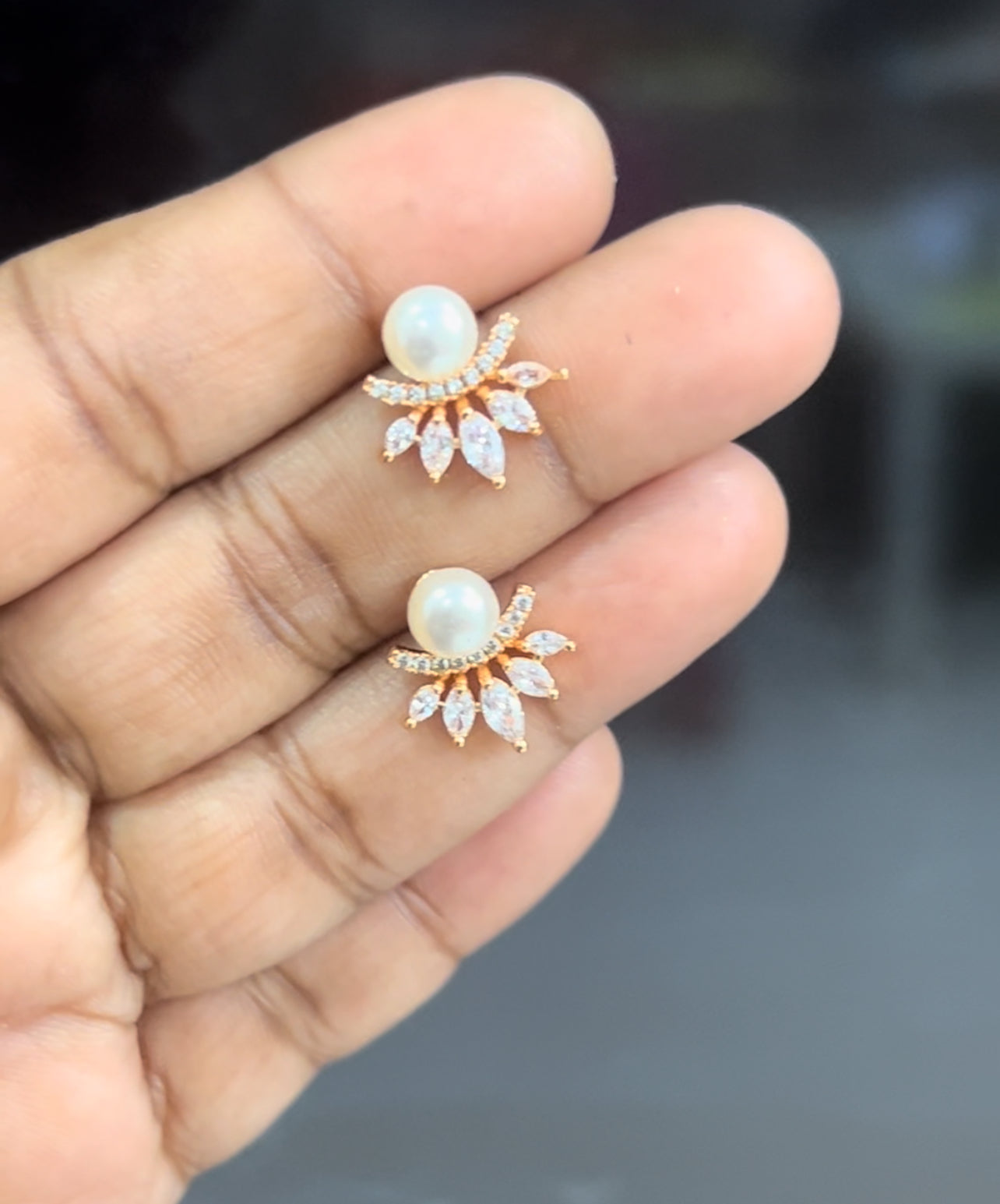 Pearl Drop CZ Fan Stud Earrings – Elegant Gold Plated Design for Women