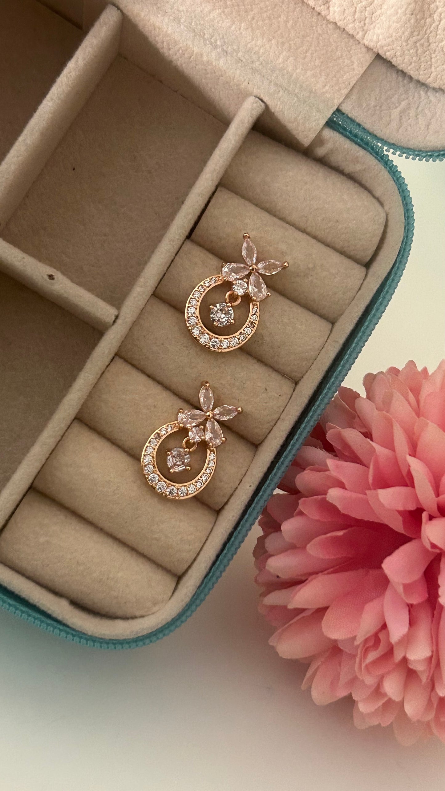 Gold-Plated Floral CZ Drop Earrings – Oval Hoop Design with Sparkling Stones
