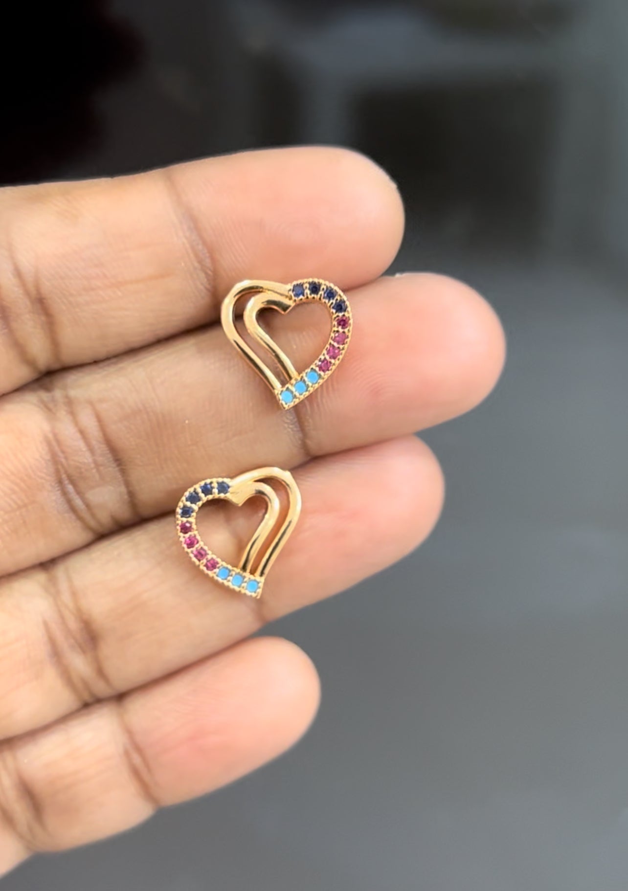 Aurora Gemstone Heart Studs – Rainbow Spark Sparkle in Gold Finish