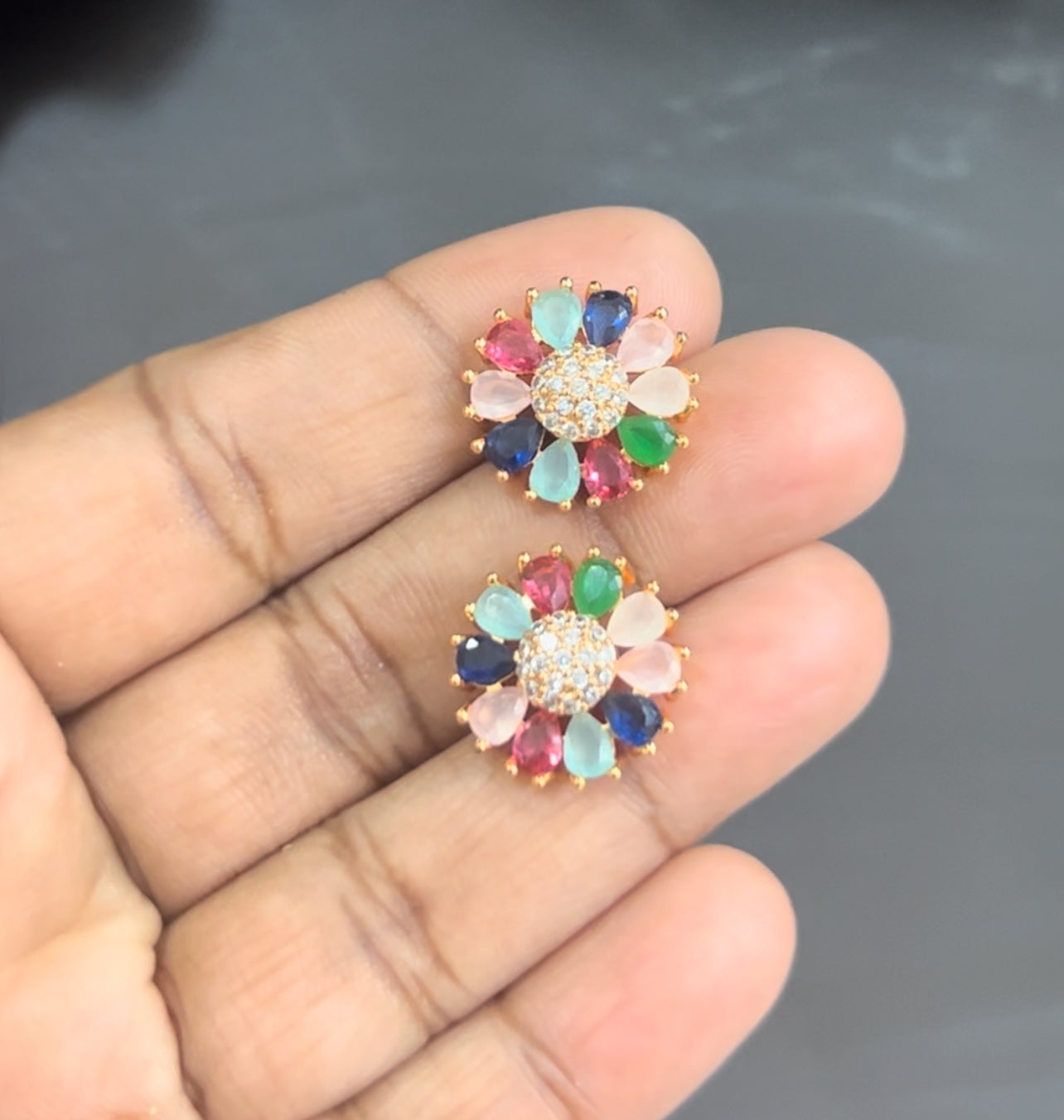 Bloom Radiance Studs – Multicolor Floral Stone Earrings with CZ Center