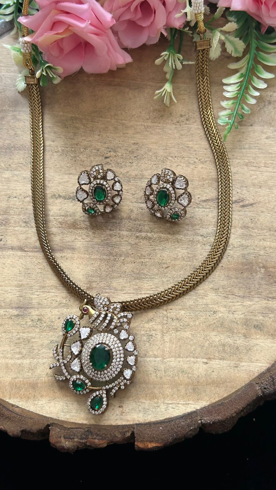 Designer Emerald Stone Necklace Set with Matching Earrings