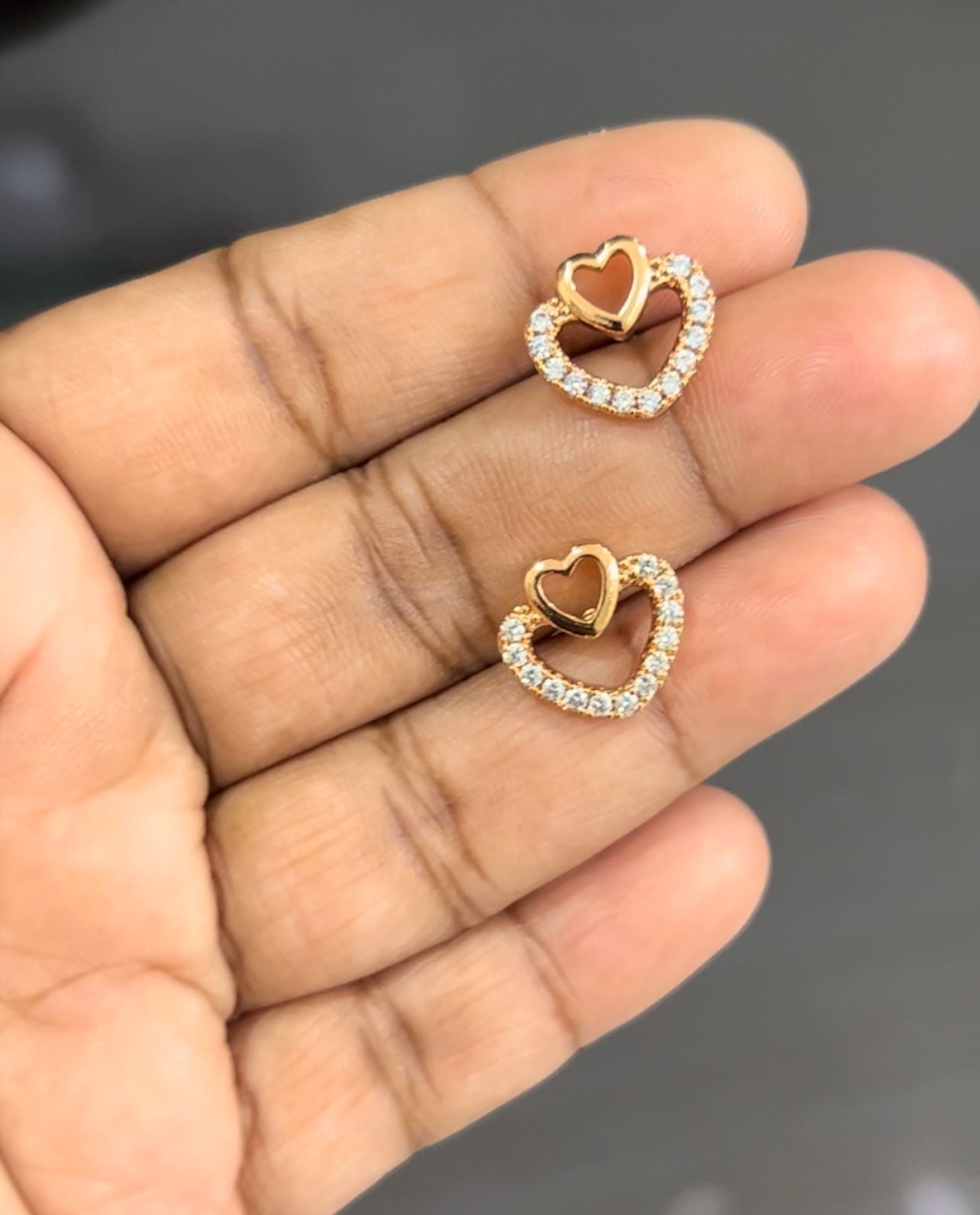 Double Heart CZ Stud Earrings – Gold-Plated Love Sparkle Design