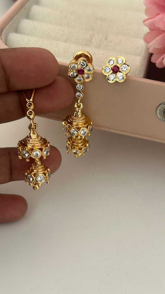 Traditional Panchaloham Flower Jhumka Earrings – Ruby Stone Studded Temple Earrings