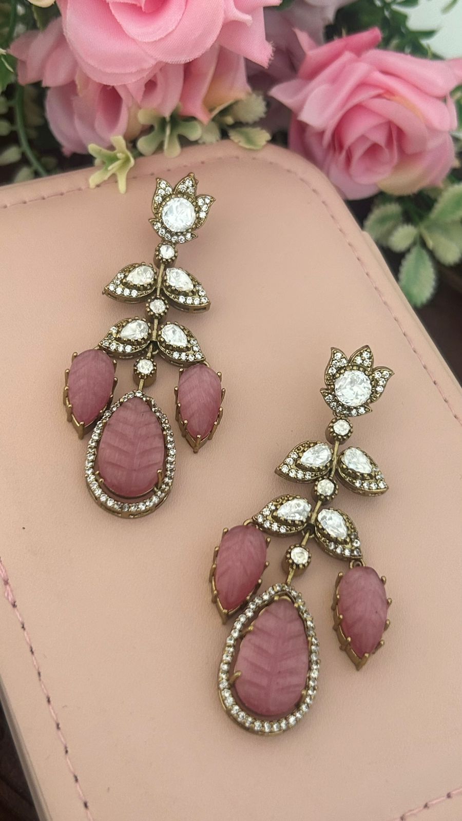 Handcrafted Pink & Green Floral CZ Stone Dangler Earrings – Elegant Ethnic Partywear Jewelry