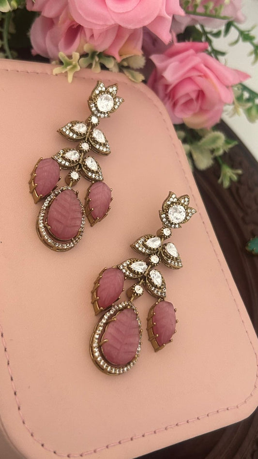 Handcrafted Pink & Green Floral CZ Stone Dangler Earrings – Elegant Ethnic Partywear Jewelry