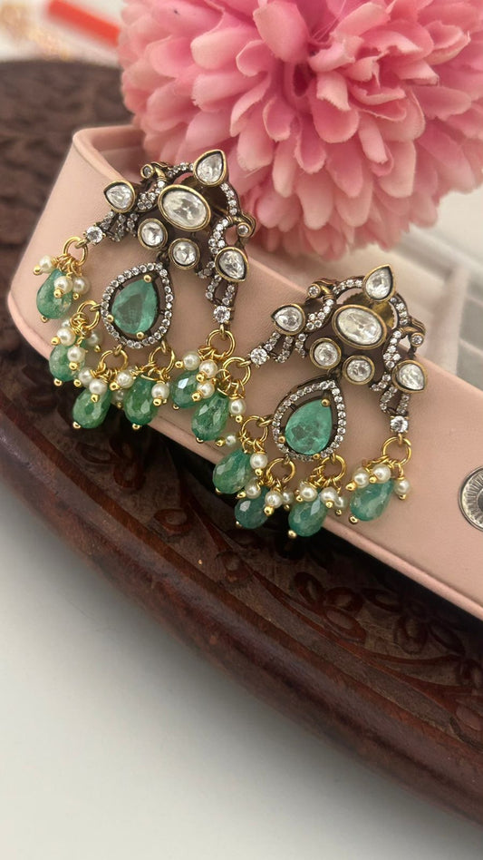 Emerald Drop Royal Chandbali Earrings – Vintage Pearl Cluster Partywear Statement