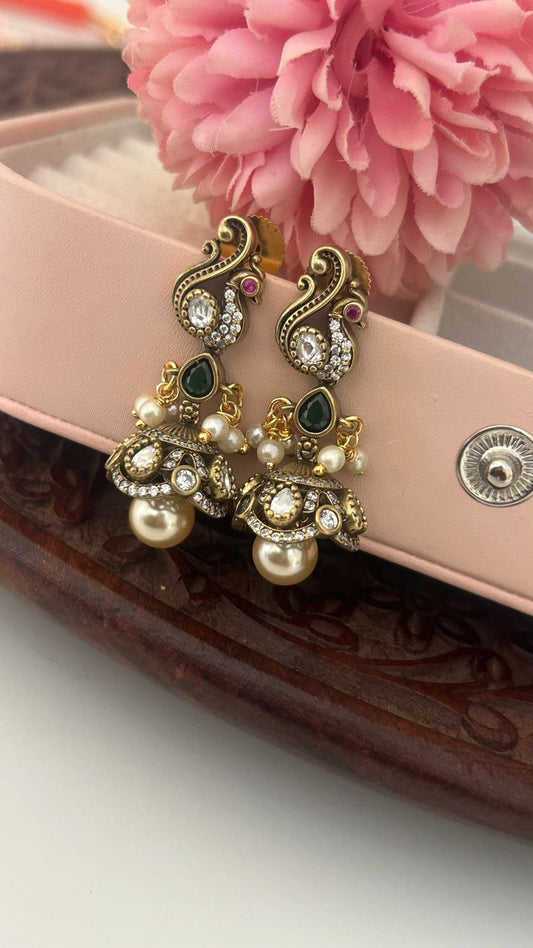 Regal Peacock Pearl Jhumka Earrings – Antique CZ Temple Drop Design