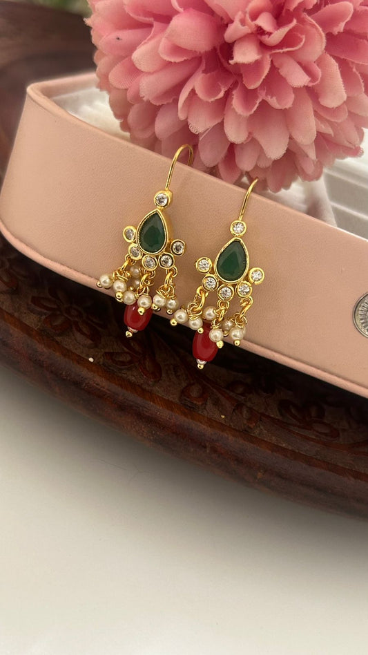 Elegant Kundan Pearl Hook Earrings – Ruby, Emerald & Crystal Dangling Drops