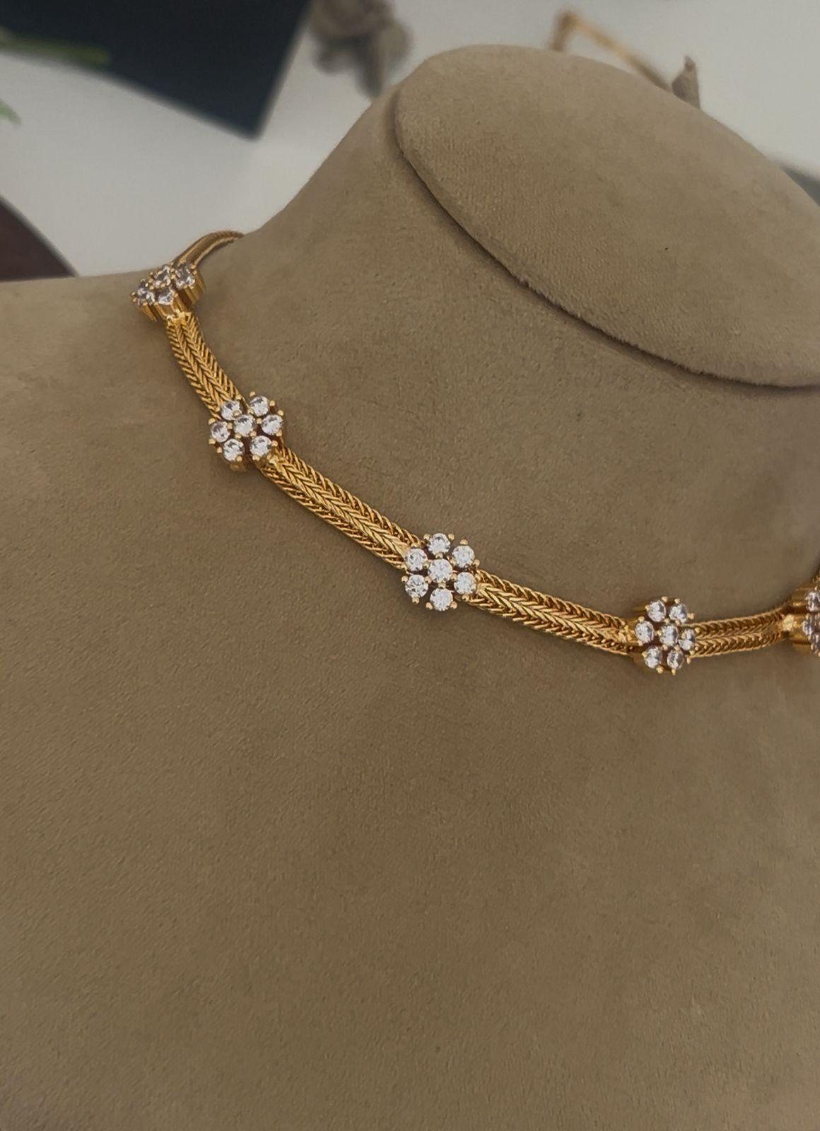 Panchaloam Gold Floral Diamond Necklace – Elegant Traditional Designer Chain for Women