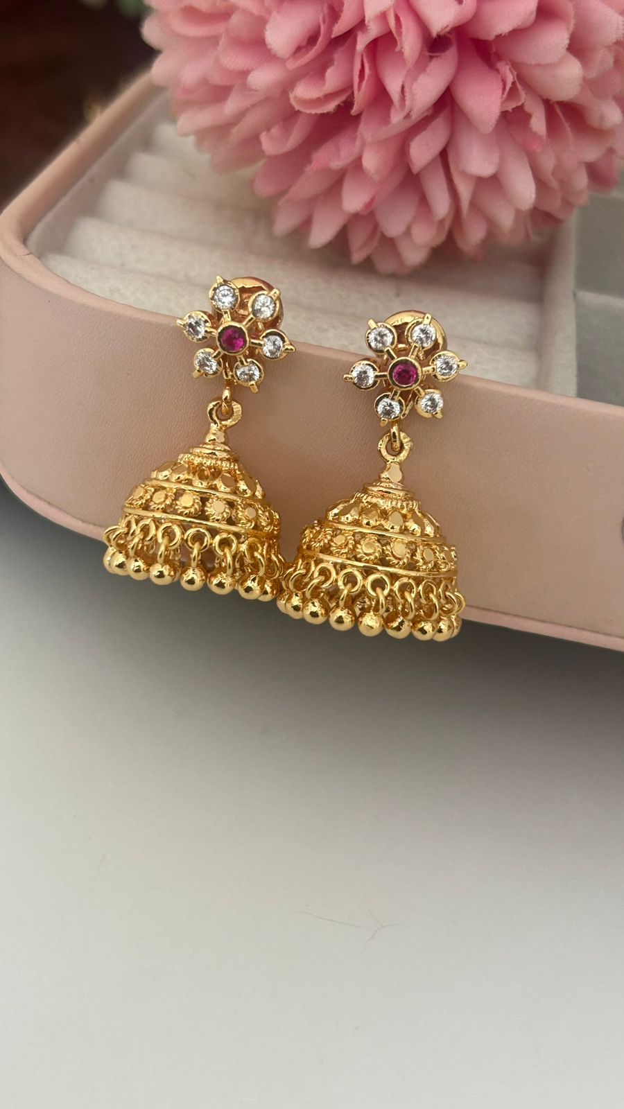 Panchaloam Gold Jhumka Earrings with Ruby & CZ Stones – Traditional Temple Design for Women
