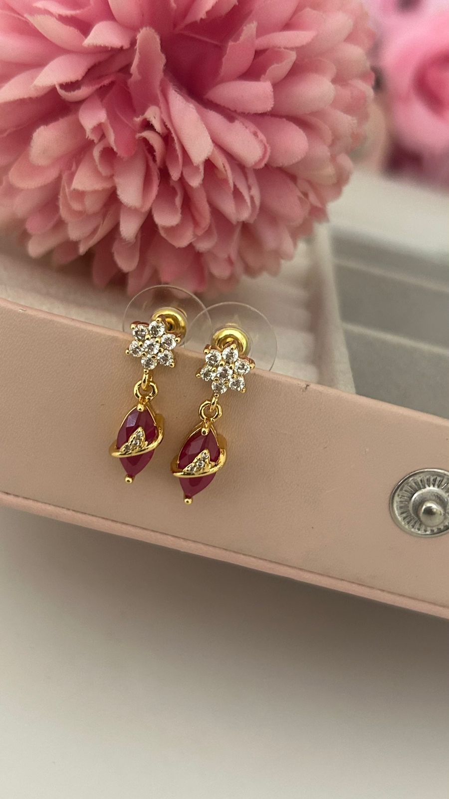 Floral Gold Drop Earrings with CZ Diamonds & Red/White Stones |