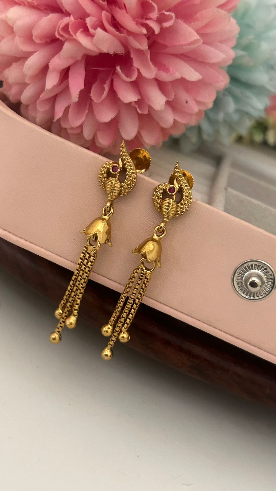 Peacock-Inspired Gold Drop Earrings with Chain Tassels – Traditional Dangler Design for Festive & Ethnic Wear