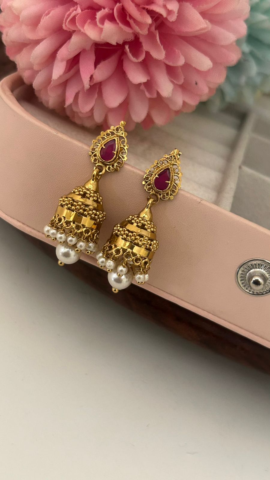 Gold-Plated Jhumka Earrings with Ruby Stone & Pearl Drops – Traditional Bridal Jewelry for Women & Girls