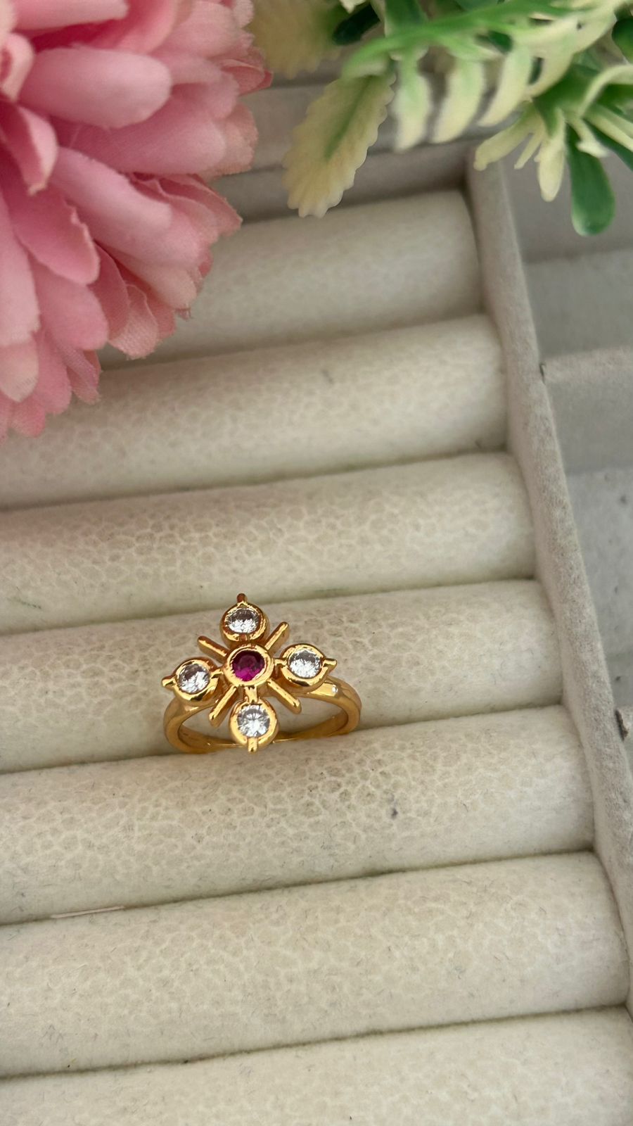 Adjustable Panchaloham with Gold-Plated Ring with Ruby Center and CZ Accents in Floral Star Design – Fashion Mantra Exclusive
