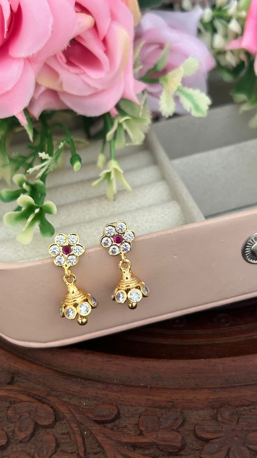 Traditional Panchaloha Floral Jhumka Earrings with Ruby & CZ Stones – South Indian Temple Jewelry