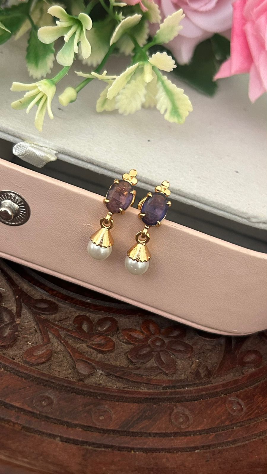 Panchaloham Purple Stone Pearl Drop Earrings