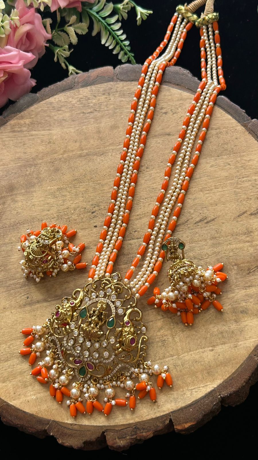 Temple Jewellery Lakshmi Pendant Necklace with Orange Beads, Pearls & Jhumka Earrings