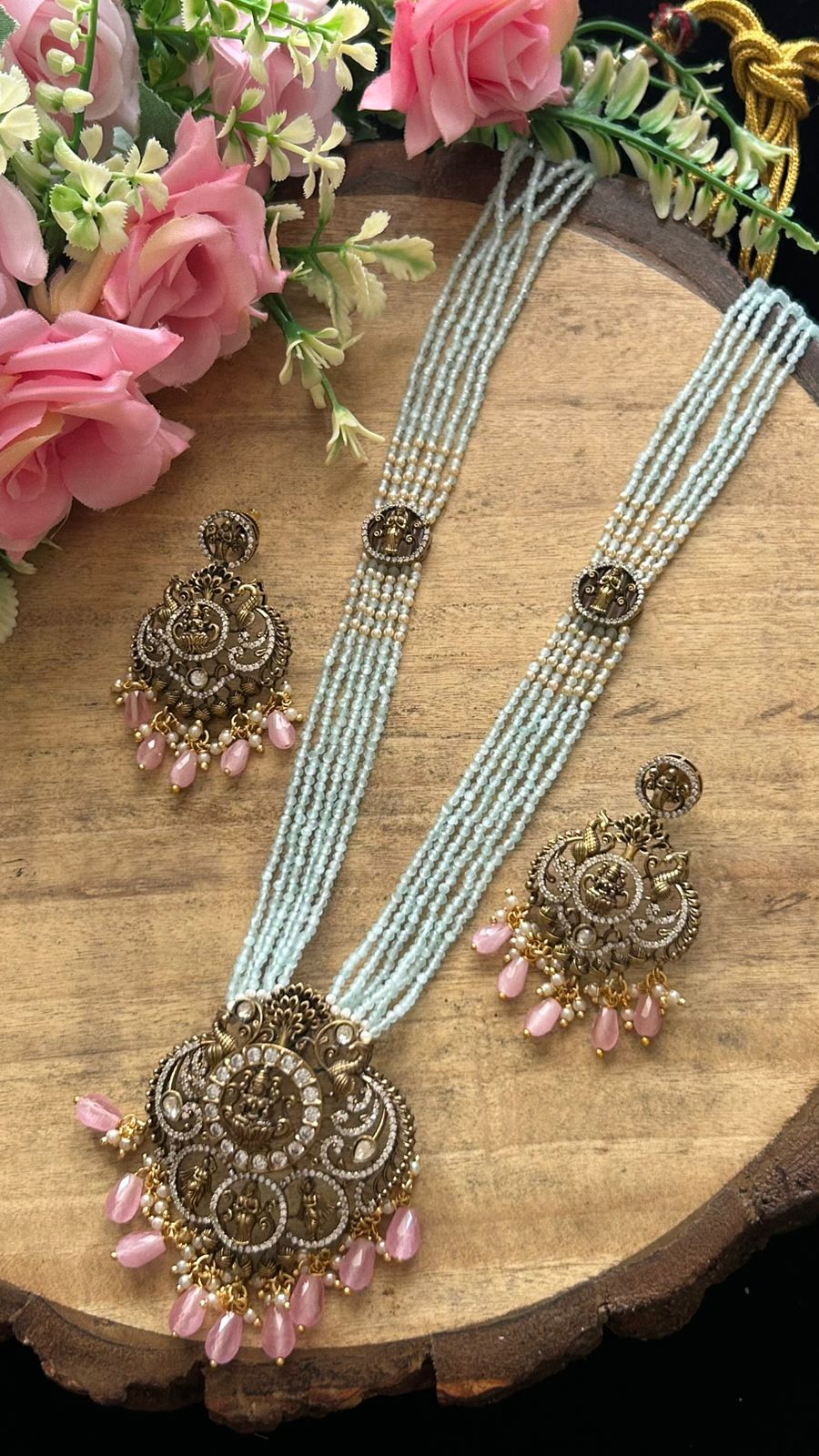 Antique Temple Jewelry Set with Pink Beads