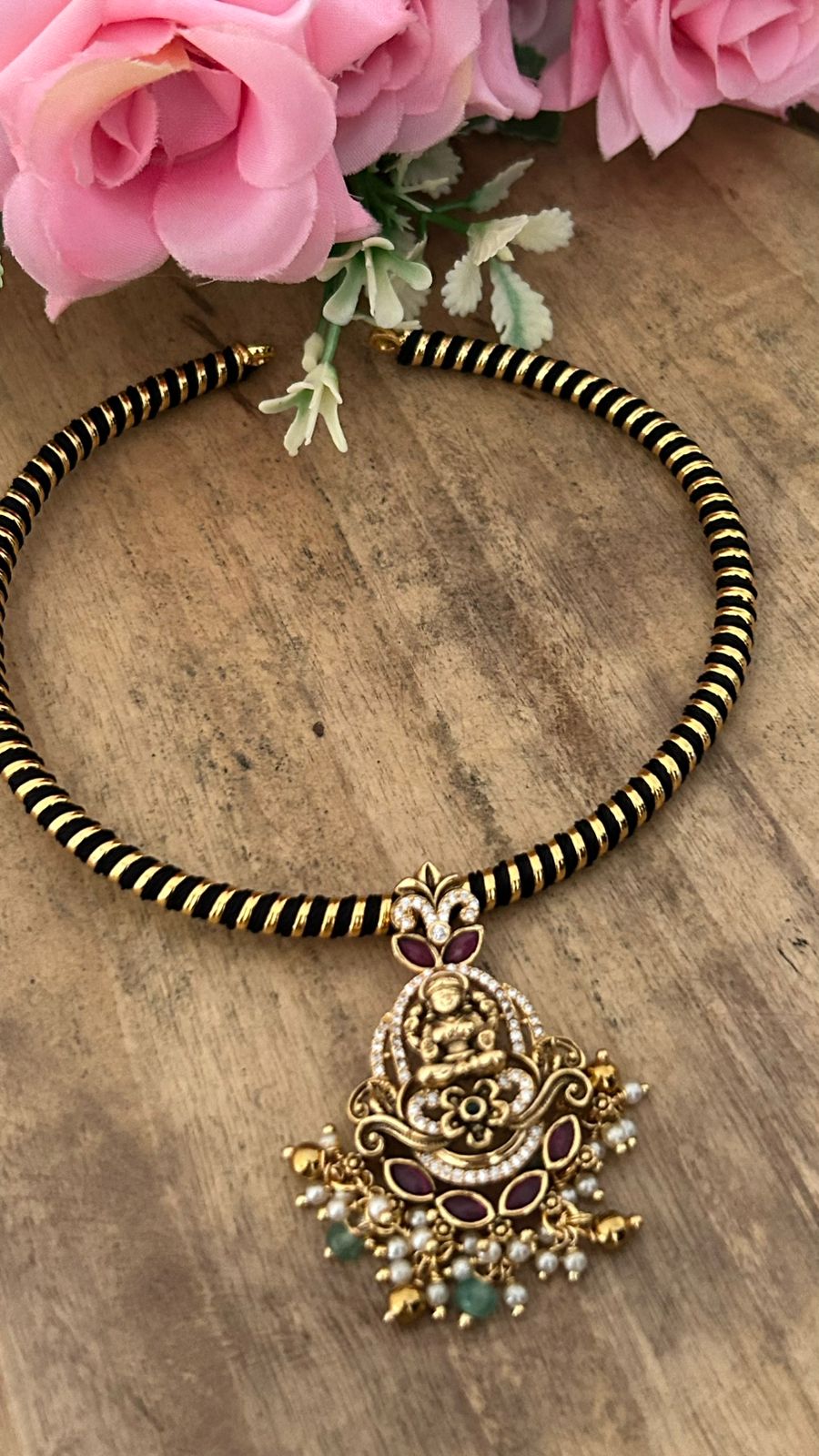 Pearl Drop Lakshmi Necklace with black chain