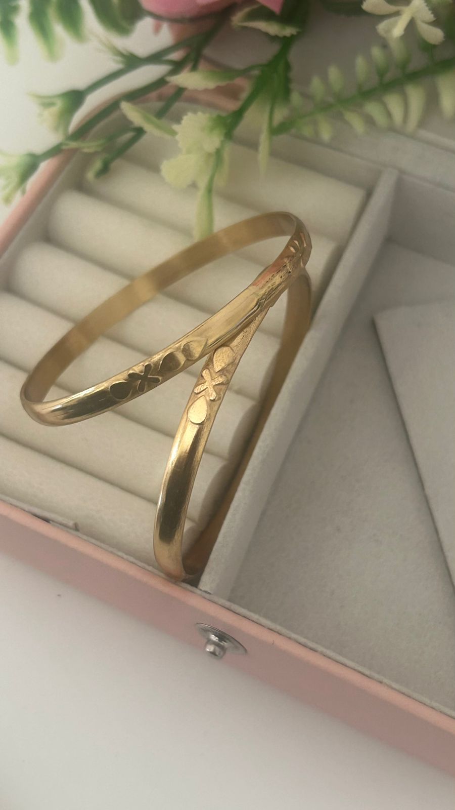 Handcrafted Panchaloha Bangles (Pair of 2) | Faith & Purity Symbol Engraving | Matte Gold Texture
