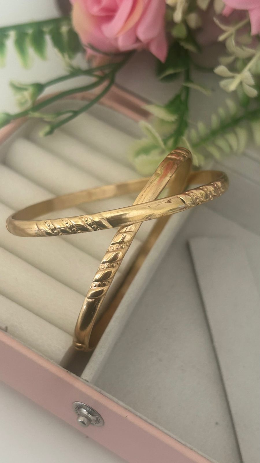 Classic Panchaloha Bangles (Pair of 2) | Unpolished Finish with Diagonal Leaf Symbol Design