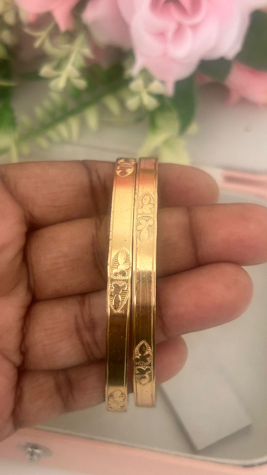 Unpolished Panchaloha Bangles – Set of 2| Leaf & Petal Symbol Engraved Design | Traditional Matte Finish