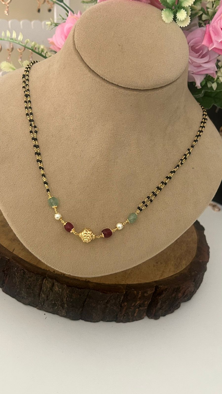“Classic Mangalsutra Style Chain – Black Beads with Red and Green Stone Centerpiece