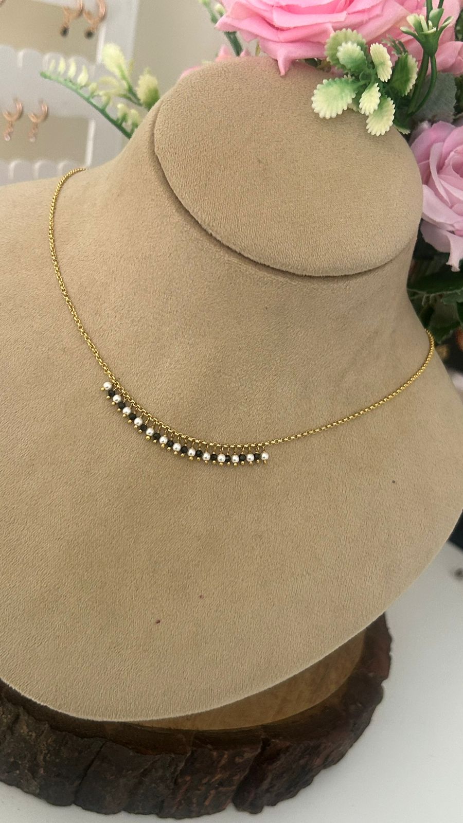 “Traditional Beads Chain – Gold Finish Black and White Pearls Simple Mangalsutra