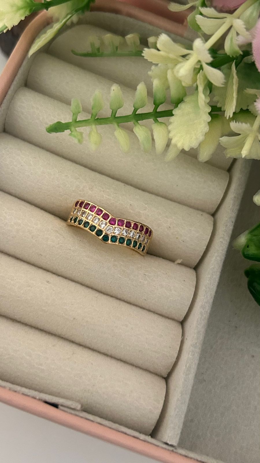 Traditional Panchaloham Multi-Stone V-Shaped Ring for Women