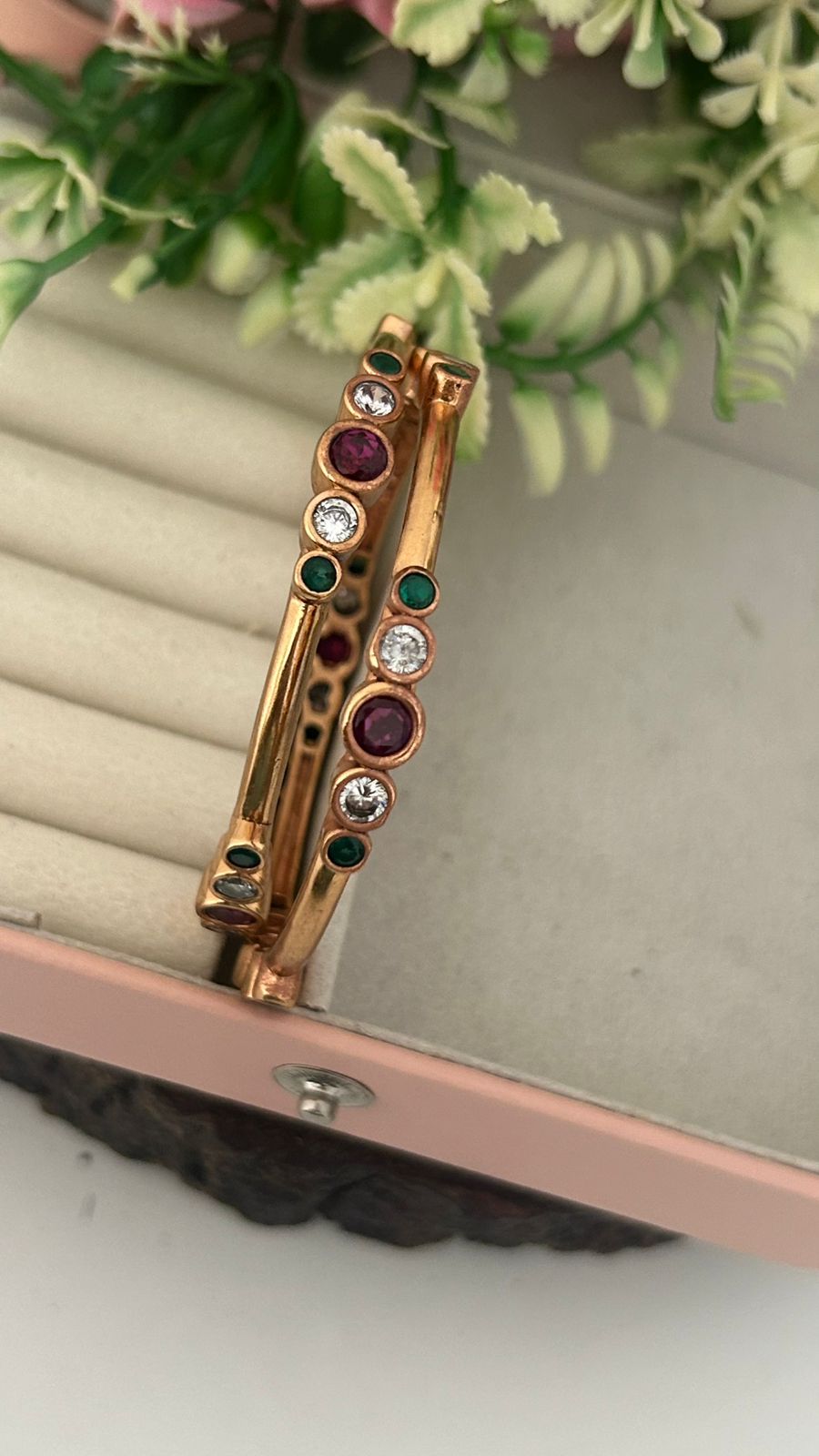 Classic Panchaloha Bangles Set of 2 | Unpolished Temple Finish with Multicolor Stones