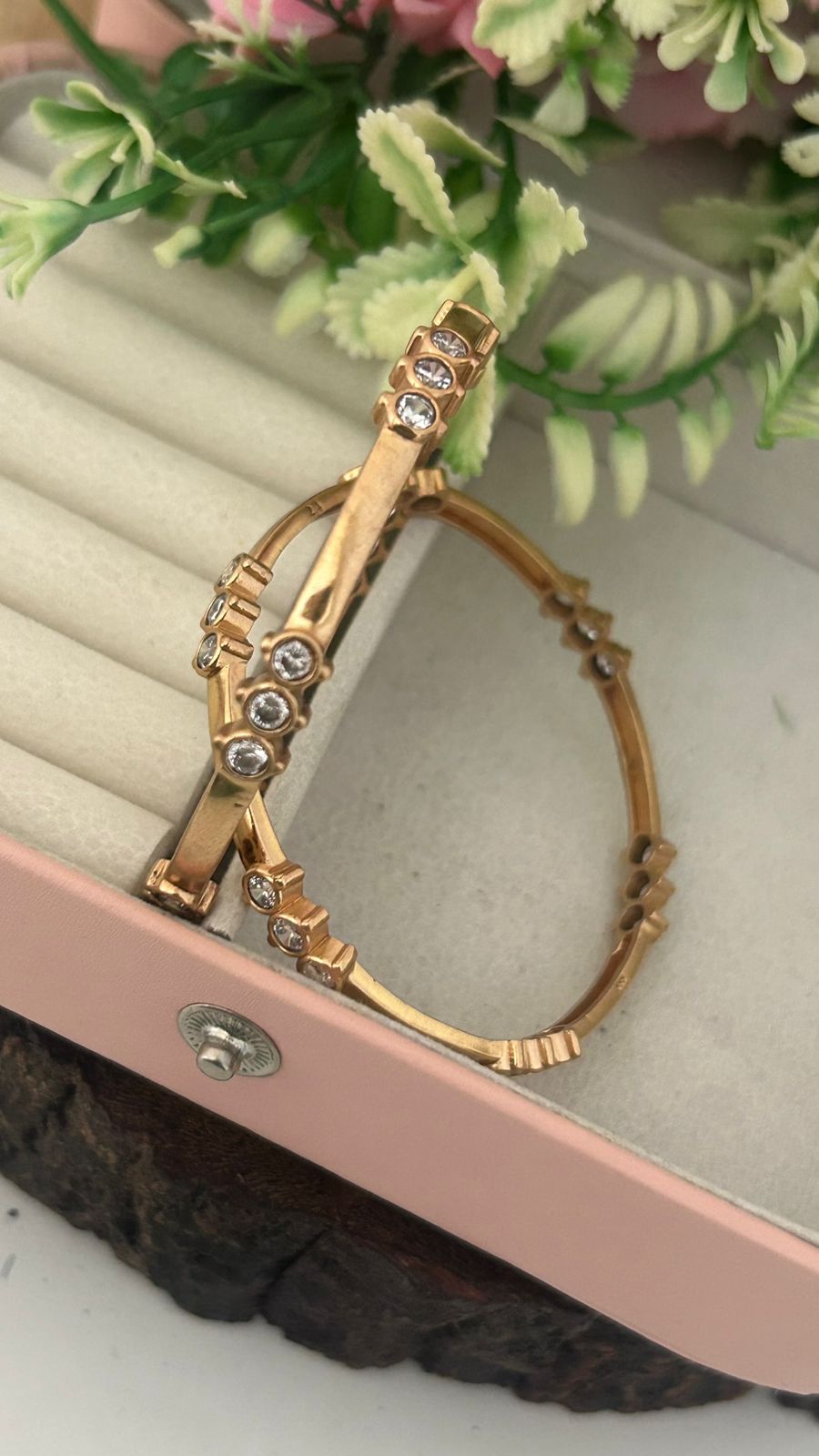 Unpolished Panchaloha Bangles – Pair of 2 with Sparkling White Stones