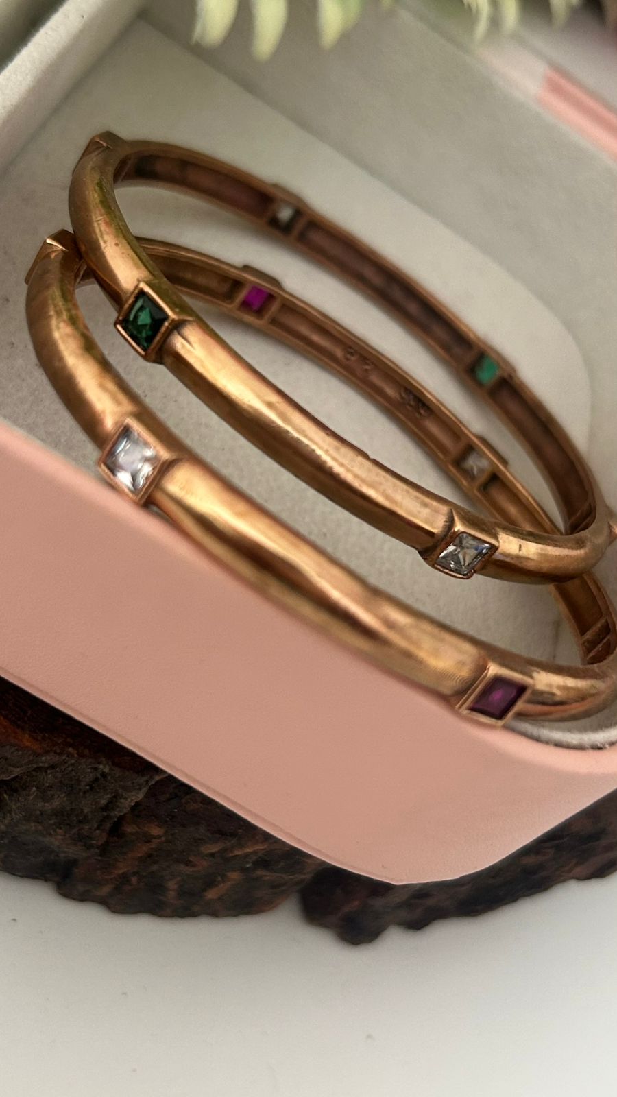 Unpolished Panchaloha Bangles Pair of 2 – Square Ruby & Emerald Stone Antique Design