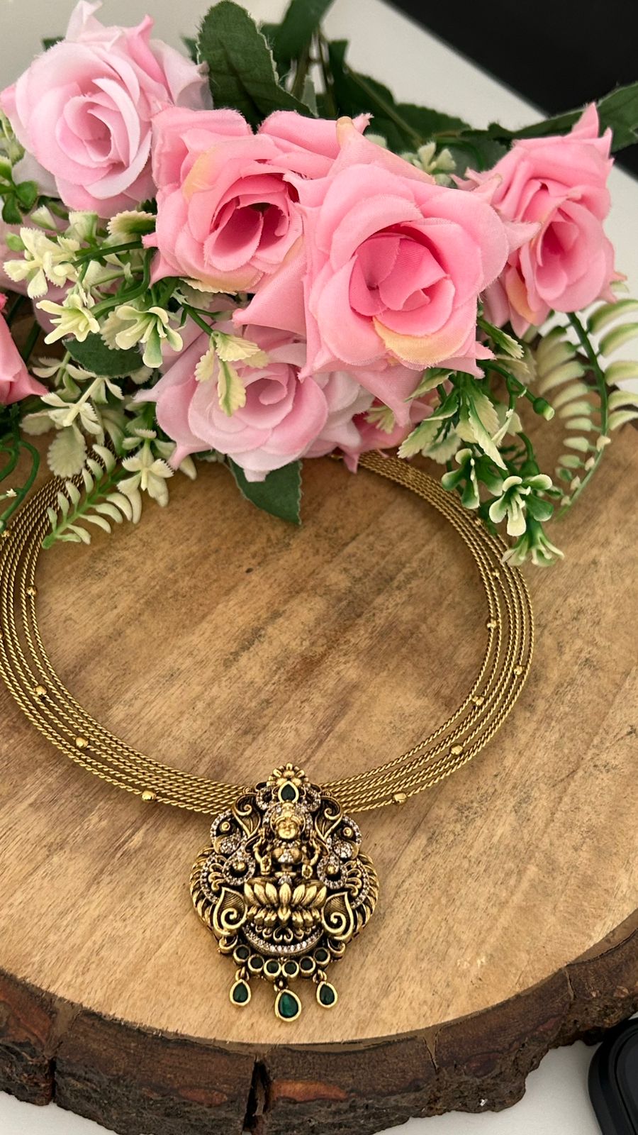 Handcrafted Temple Style Kante | Lakshmi Motif Necklace with Green Stone Drops