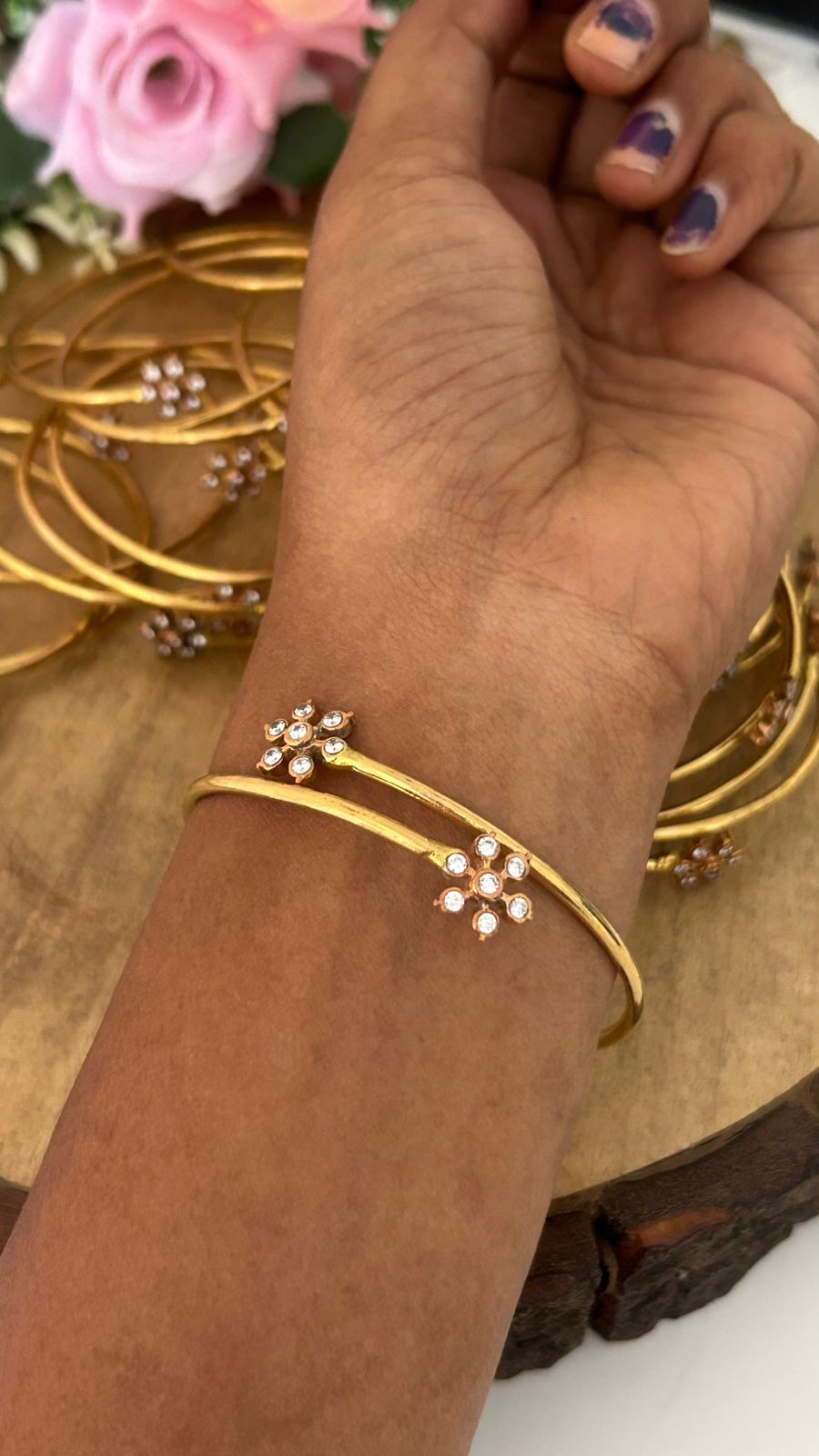 “Unpolished Panchaloham Flower Kada with white Stones | Traditional Open Bangle”