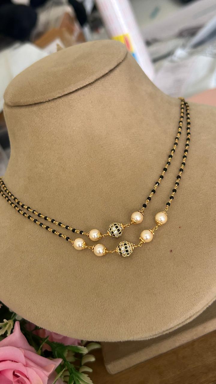2-Line Black Beads Mangalsutra Style Chain with Golden Pearl Beads
