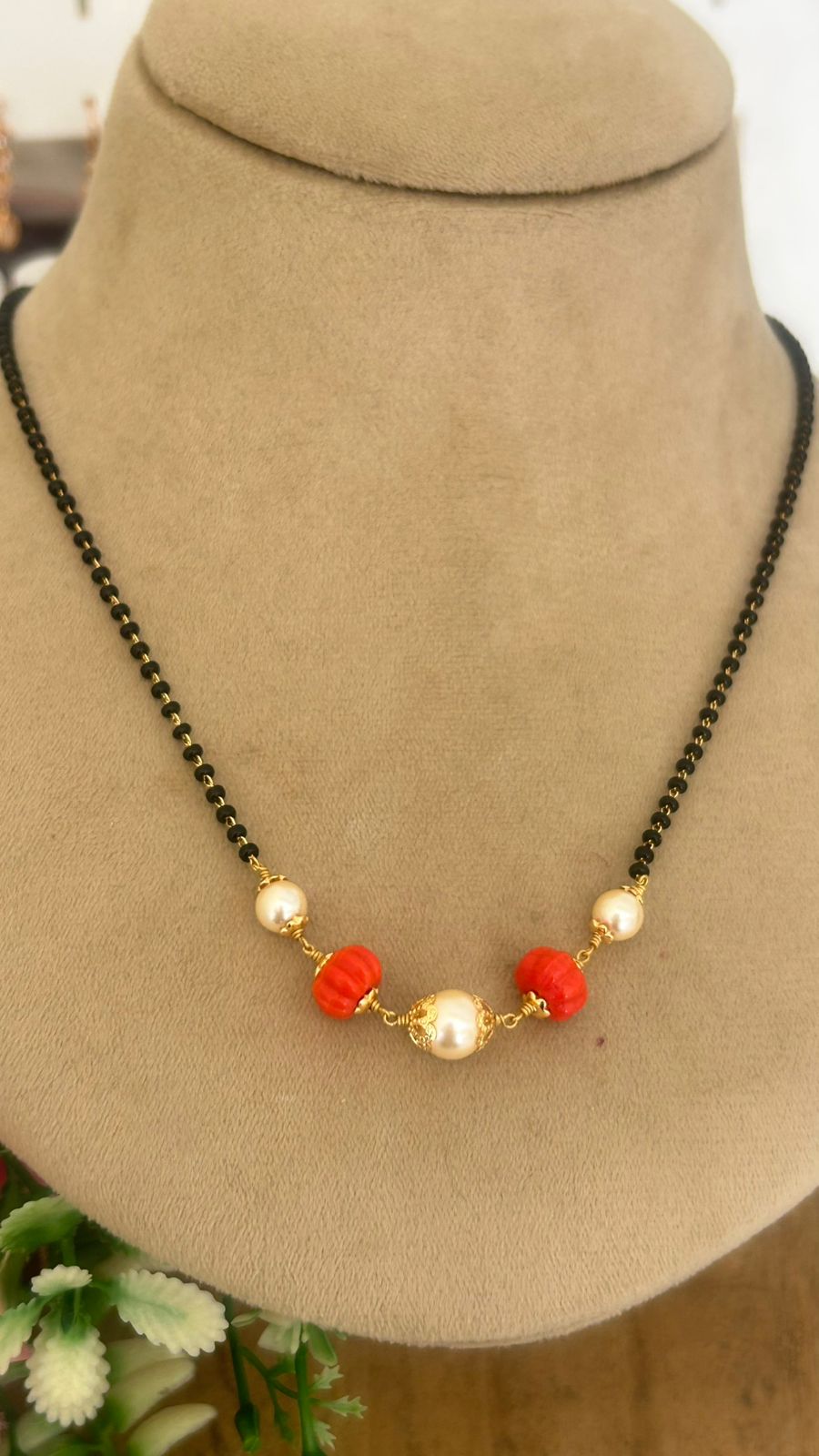 Handcrafted Black Beads chain with Coral and swaroski Beads