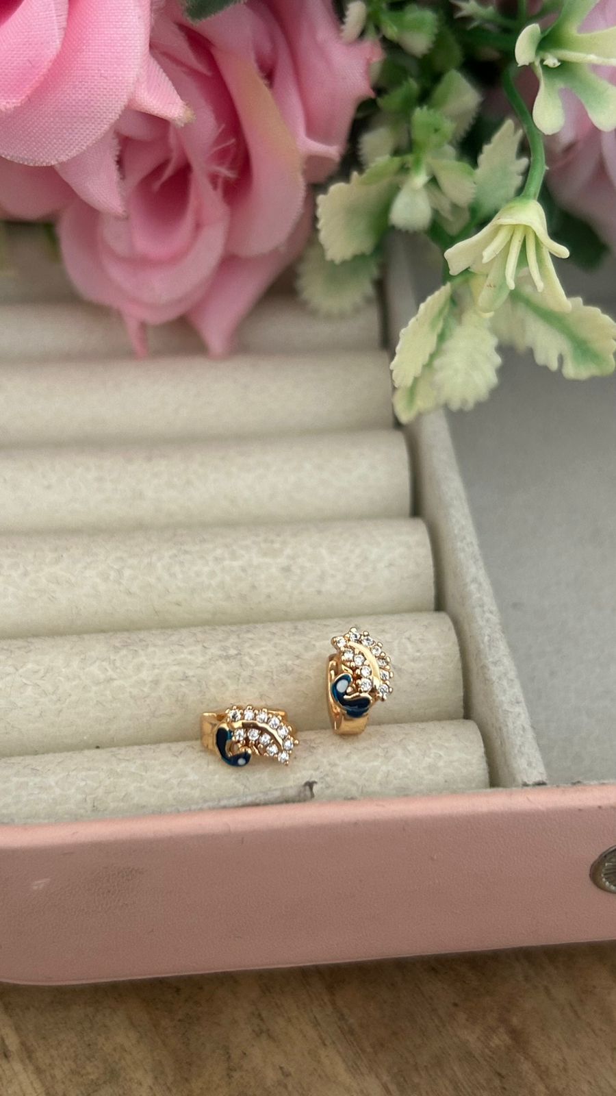 CZ Bali Earrings with Blue peacock Enamel Curve – small size