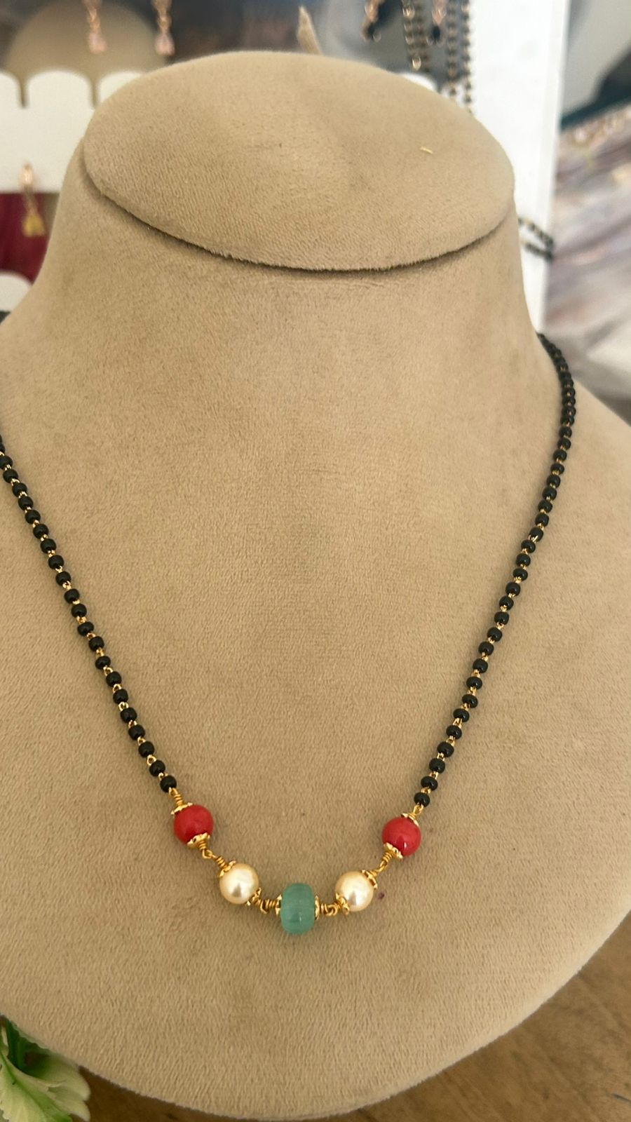 Single Line Black Beads Necklace with Coral, Pearls & Pumpkin Bead