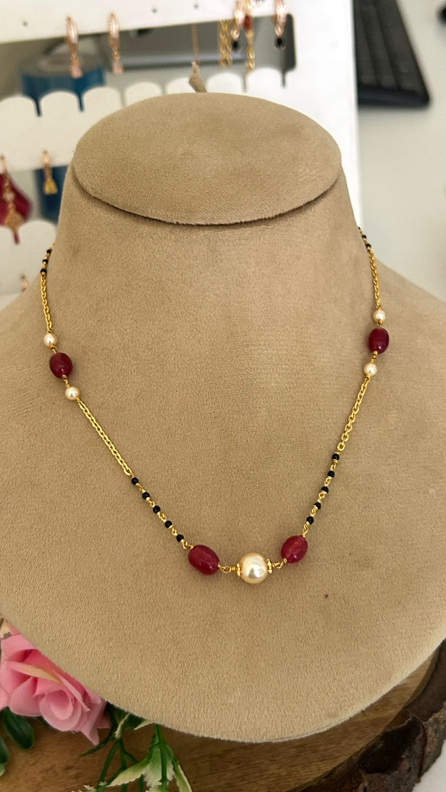 Black Beads Necklace with Red Onyx Beads & Swarovski Pearl