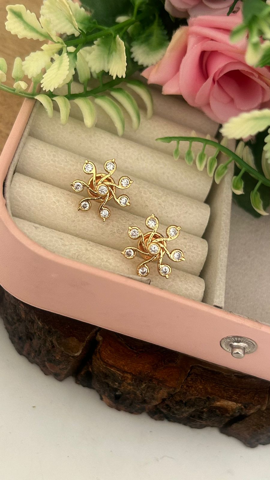 Swirl Flower Design Panchaloham Gold Polished Stud Earrings big size