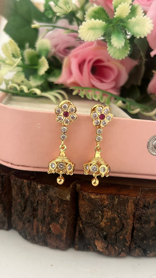 Floral Panchaloham Gold Polished Stud Earrings with Detachable Jhumka Hanging