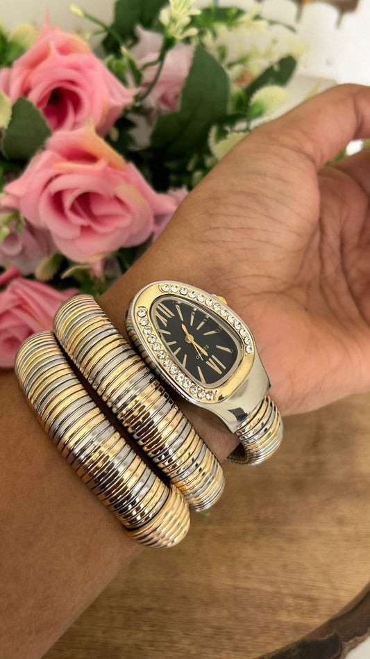 Women's Snake Wrap Watch, Gold and Silver Tone, Crystal Embellished Bezel, Black Dial for Women & Girls