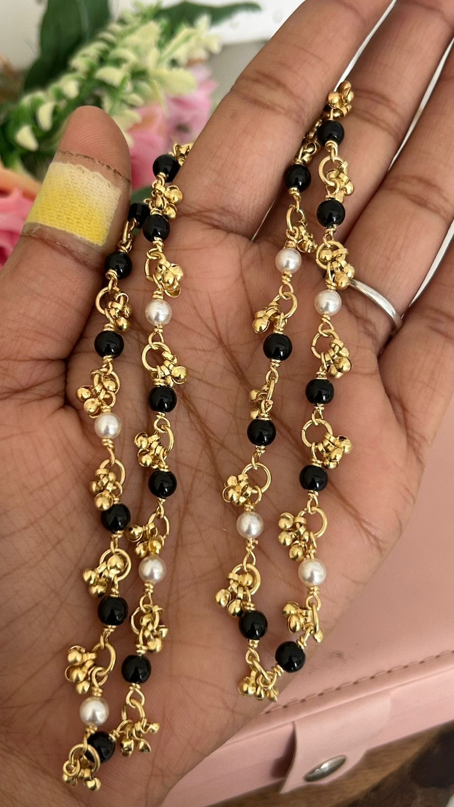 Traditional Panchaloham Anklets with Black Beads & Pearl Charms in 10 and half inch