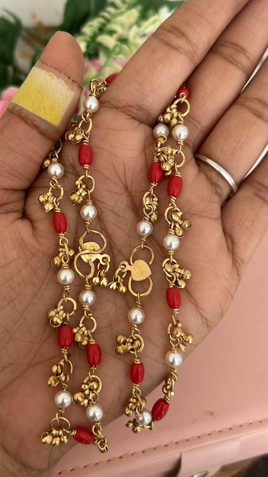 Traditional Panchaloham Anklets with coral Red Beads & Pearl Charms in 10 n half inches