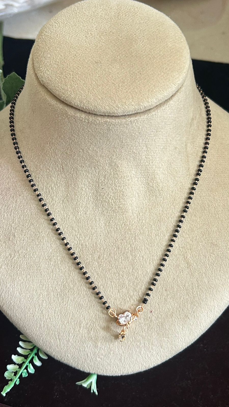 Rose Gold Finish Black Beads Mangalsutra with Crystal Heart Pendant