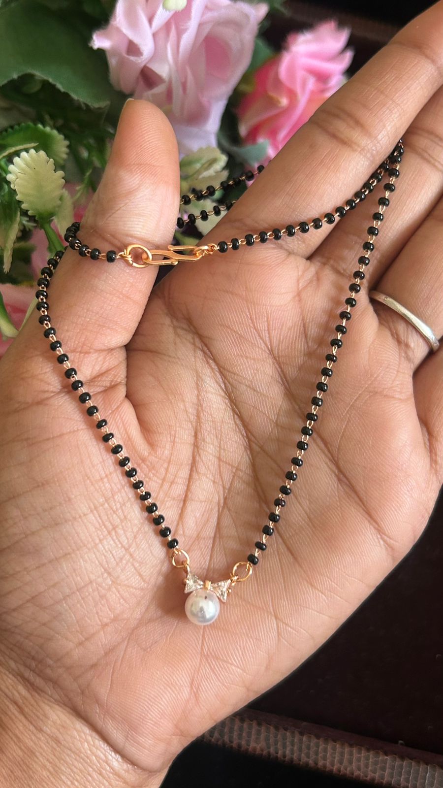 Rose Gold Finish Black Beads Mangalsutra with Pearl Drop Pendant
