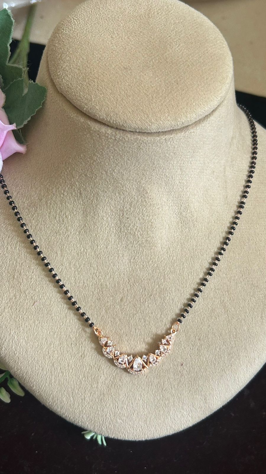 Rose Gold Finish Black Beads Mangalsutra with Layered CZ Leaf Pendant
